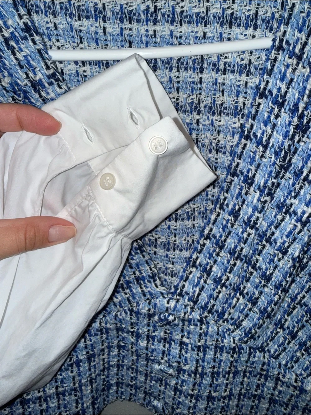 Zara Blue Tweed Crop Vest with White Puff Sleeves